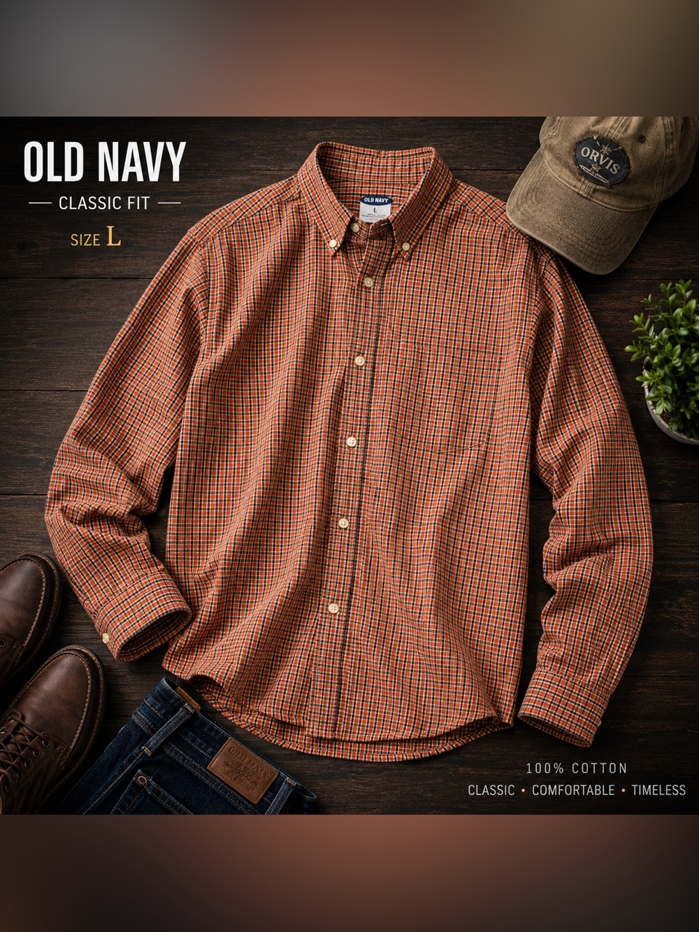 Old Navy Men's Orange and Blue Small-Check Button-Down Shirt